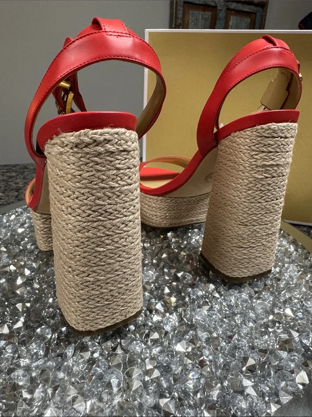 Michael Kors leather coral Red Platform Espadrille Heels with Gold Buckle logo
